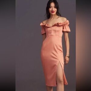 Anthropologie Off Shoulder Midi Dress NWT Puff Sleeve Slit Wedding Guest